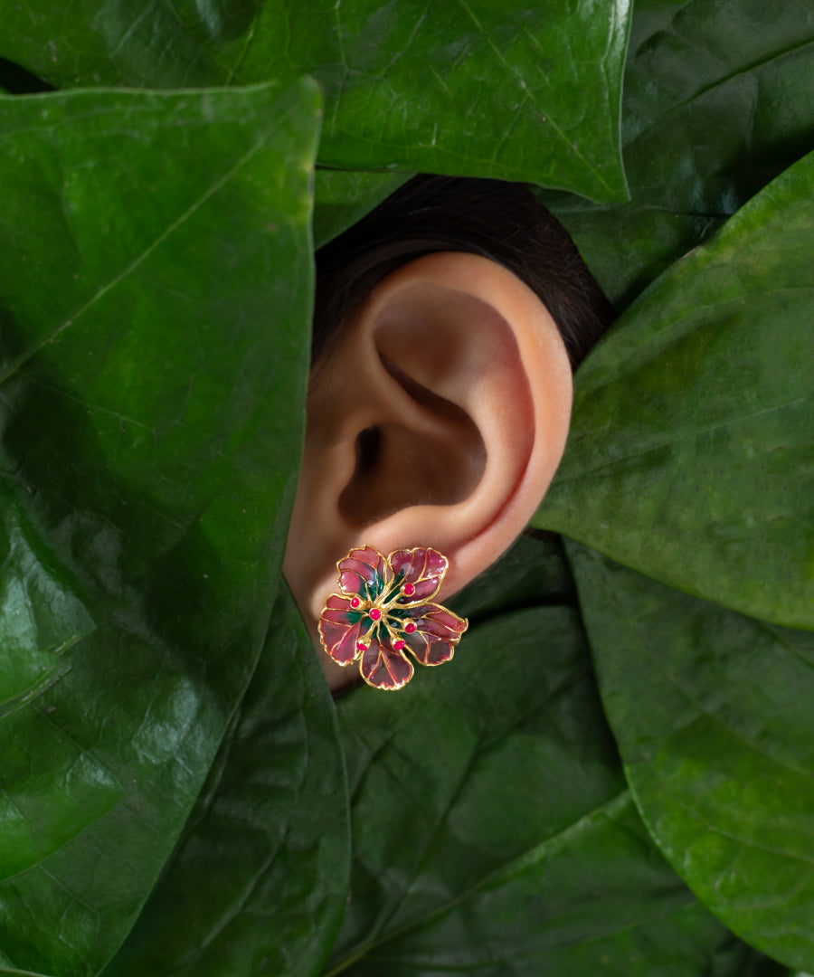 Bloom Stud Earrings - Pink Meenakari - Gold Plated