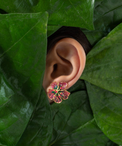 Bloom Stud Earrings - Pink Meenakari - Gold Plated