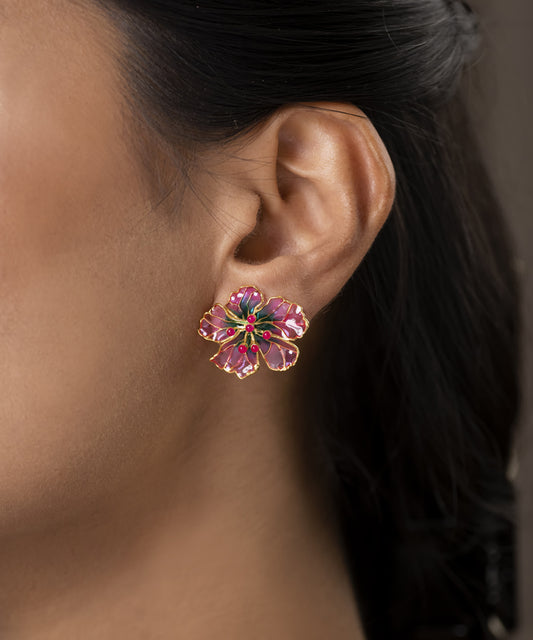 Bloom Stud Earrings - Pink Meenakari - Gold Plated