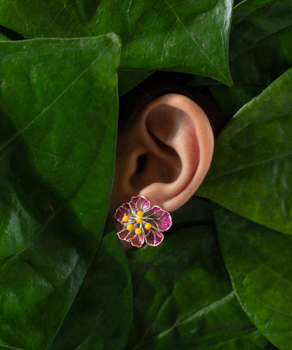 Bloom Stud Earrings - Pink Meenakari - Anti Tarnish Finish