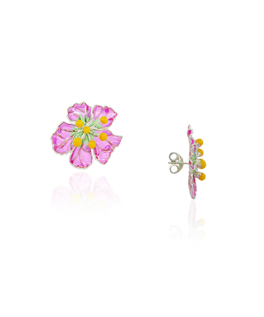 Bloom Stud Earrings - Pink Meenakari - Anti Tarnish Finish