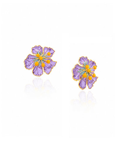 Bloom Stud Earrings - Purple Meenakari - Gold Plated