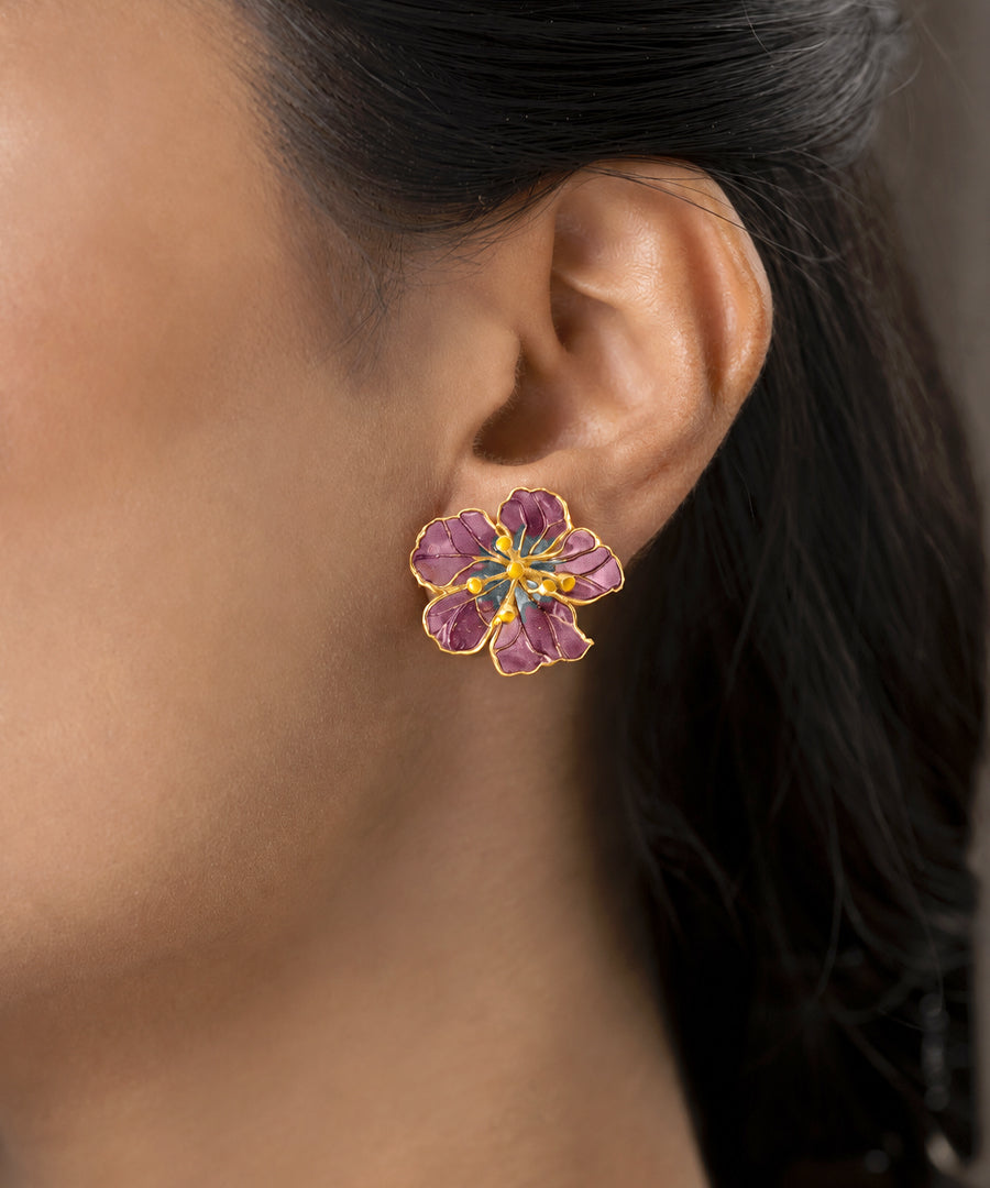 Bloom Stud Earrings - Purple Meenakari - Gold Plated