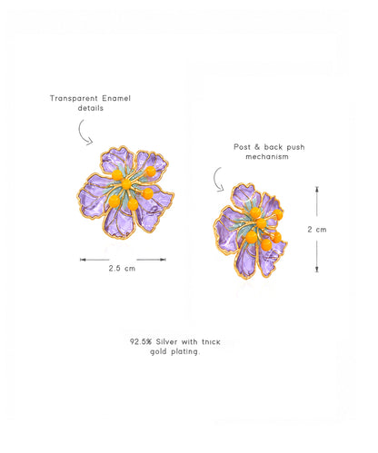 Bloom Stud Earrings - Purple Meenakari - Gold Plated