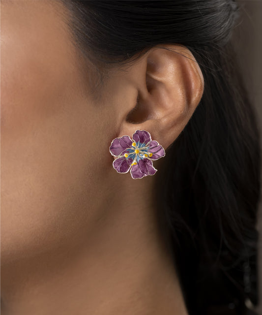 Bloom Stud Earrings - Purple Meenakari - Anti Tarnish Finish
