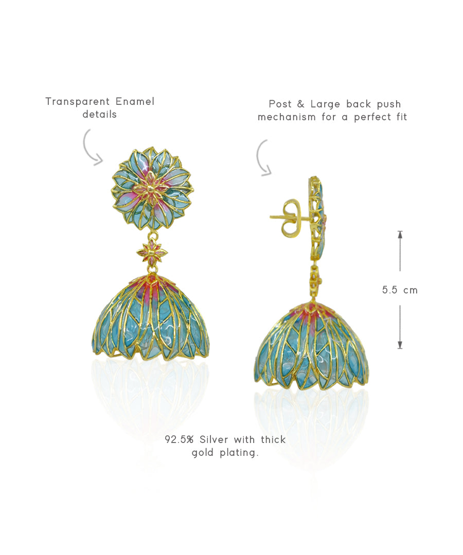Bloom Flower Jhumka Earrings - Blue Meenakari - Gold Plated