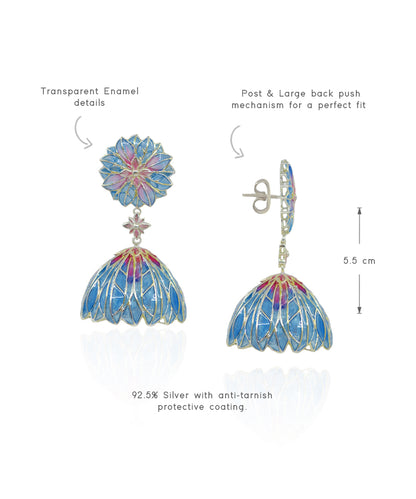 Bloom Flower Jhumka Earrings - Blue Meenakari - Anti Tarnish Finish
