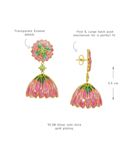 Bloom Flower Jhumka Earrings - Pink Meenakari - Gold Plated