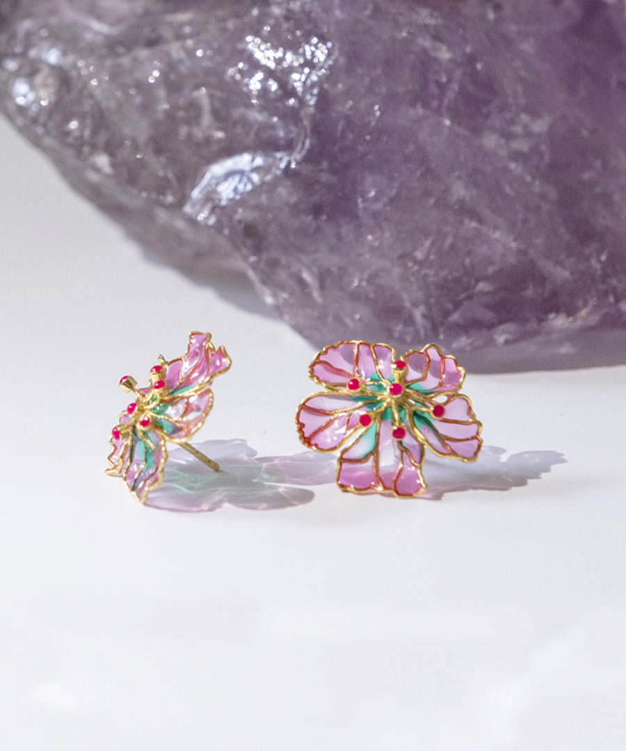 Bloom Stud Earrings - Pink Meenakari - Gold Plated