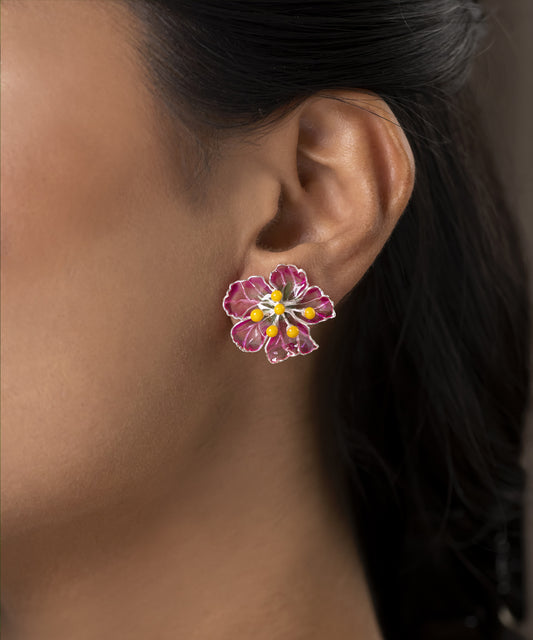 Bloom Stud Earrings - Pink Meenakari - Anti Tarnish Finish