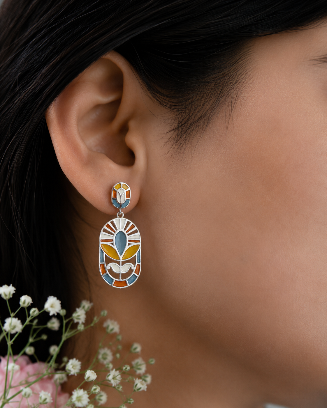 Premium 925 silver floral earrings with colorful artisan enamel for wedding and festive wear.