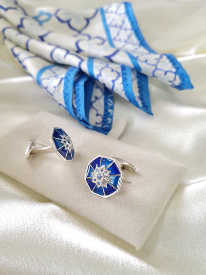 Dhoop Chaon Cufflinks With Pocket Square - Gift Box For Men - Sterling Silver