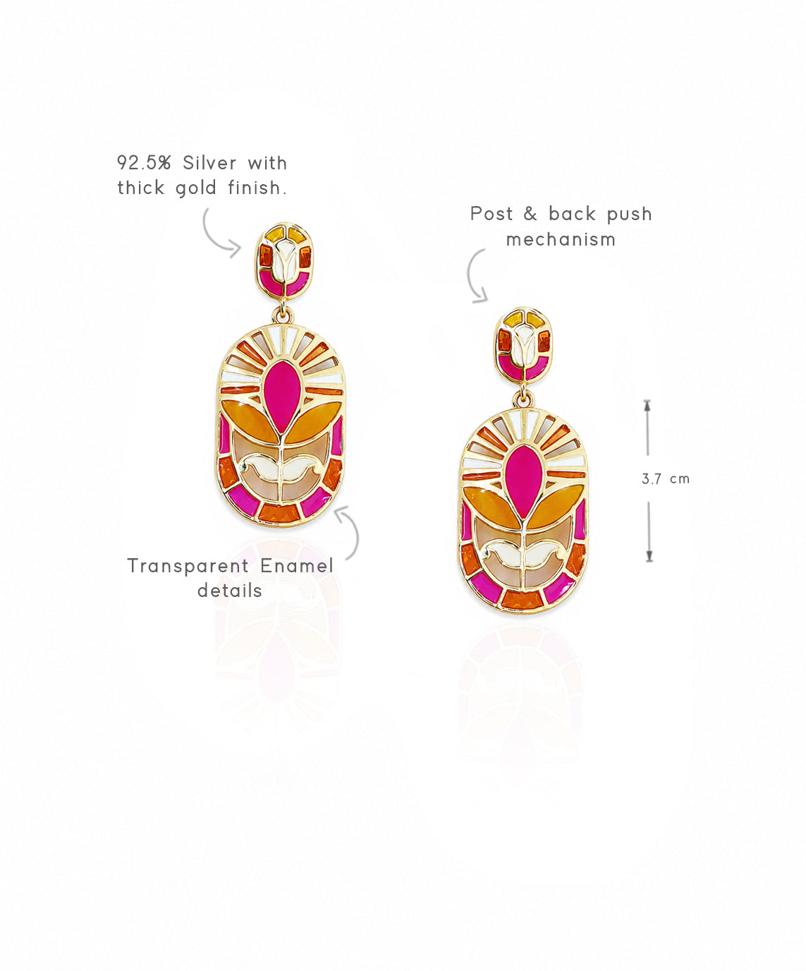 Statement floral drop earrings in gold-plated 925 silver inspired by blooming lotus motifs and handcrafted meenakari.