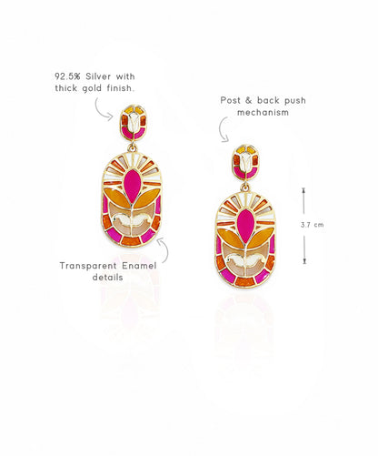 Statement floral drop earrings in gold-plated 925 silver inspired by blooming lotus motifs and handcrafted meenakari.