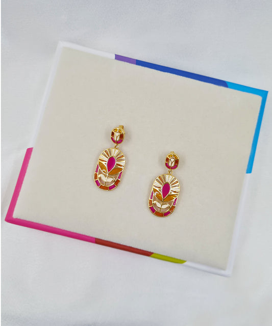 Gold-plated 925 sterling silver floral dangle earrings with vibrant pink and orange meenakari detailing.
