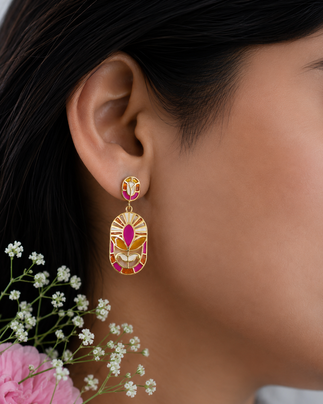 Luxury 925 sterling silver drop earrings featuring lotus enamel floral motifs.