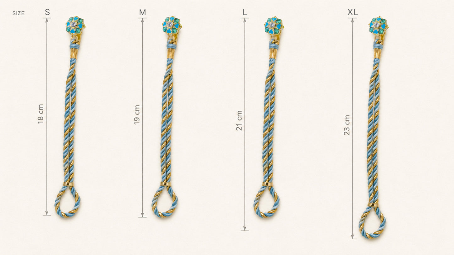 925 silver rakhi bracelets in sizes S, M, L, and XL shown vertically on a light beige background, with height measurements labeled 18 cm, 19 cm, 21 cm, and 23 cm.