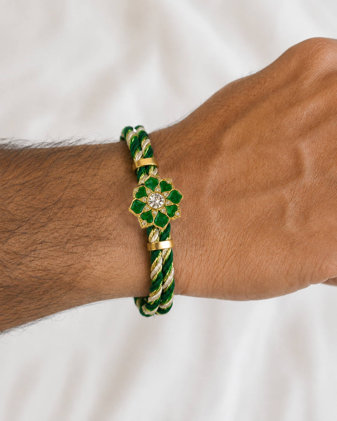 Floral sterling silver Rakhi bracelet with handcrafted silk thread