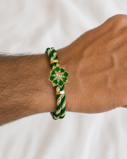 Floral sterling silver Rakhi bracelet with handcrafted silk thread