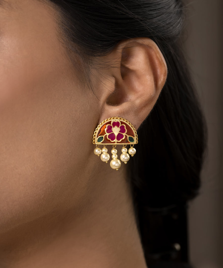 Chand Meenakari pearl earrings crafted in 925 sterling silver with pink and green enamel, perfect for everyday and festive occasions.