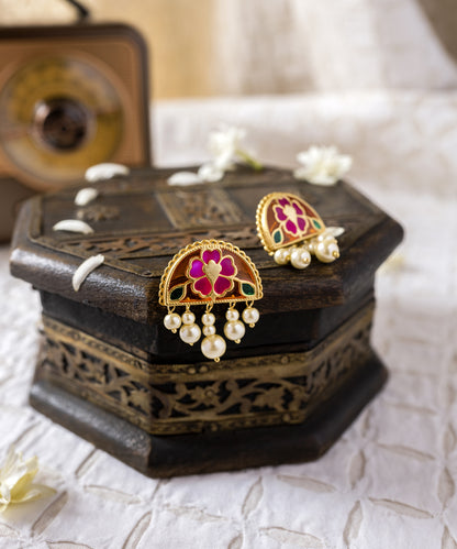 Traditional Indian chand stud earrings in 925 sterling silver with vibrant Meenakari enamel, pearl accents, and gold-plated finish.