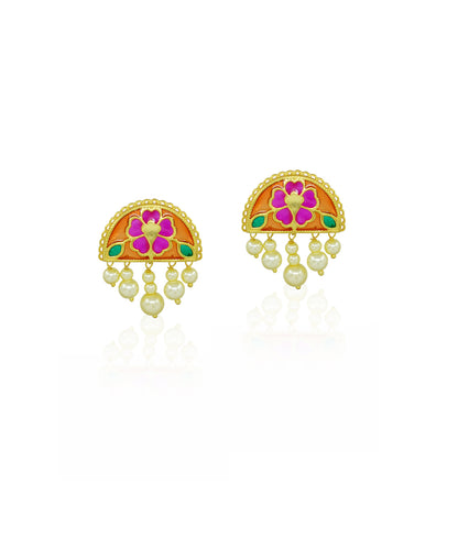 925 silver chand stud earrings with floral design, enamel work and pearl elements. 