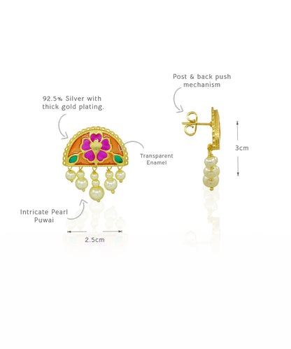 925 silver stud earrings with floral design and pearl elements, showing details and measurements.