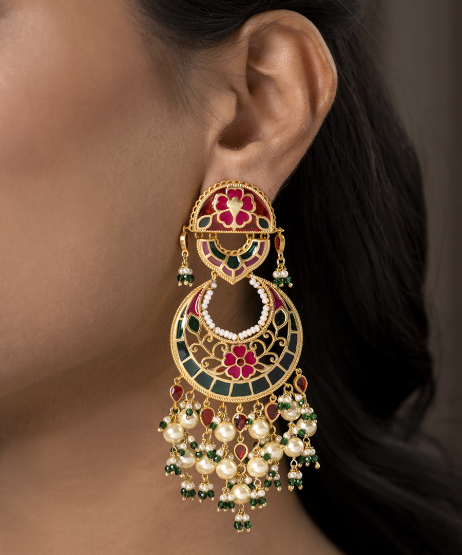 925 sterling silver gold-plated chandbali earrings with woven pearls and multi color meenakari detailing.