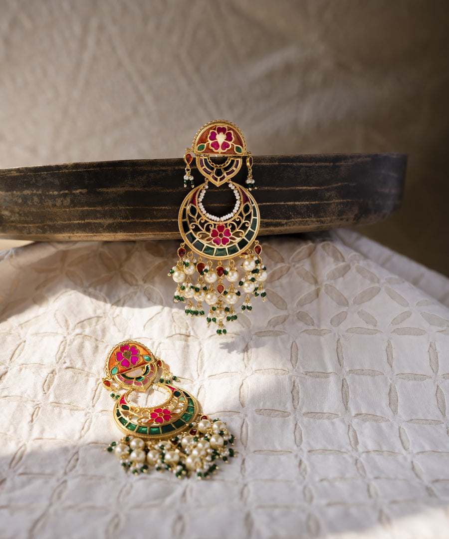 Statement chandbali earrings in gold-plated 925 silver with woven pearl work and intricate meenakari design.