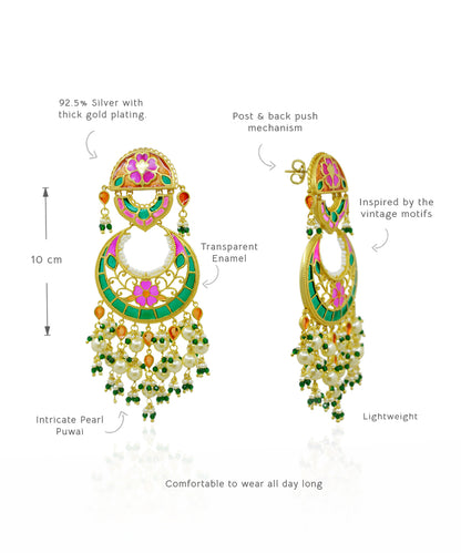 925 silver chandbali earrings adorned with woven pearls and vibrant meenakari art. 