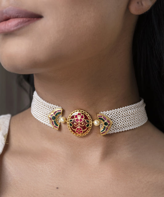 925 silver statement choker with handcrafted Meenakari detailing, designed for festive and occasion wear.