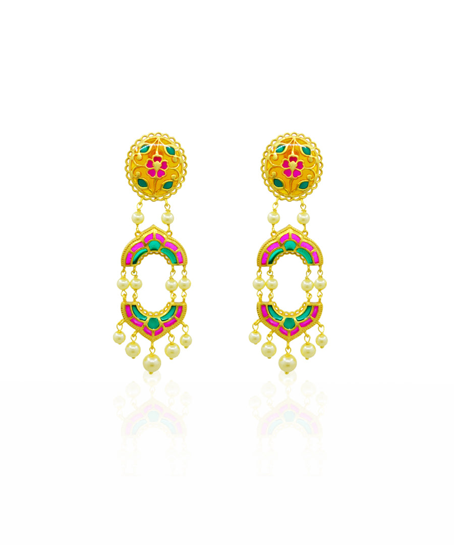 925 silver dangle earrings with pink, orange and green colors perfect for weddings and festive occasions.