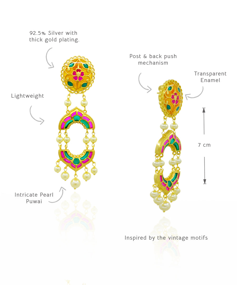 Colorful 925 silver earrings with gold plating and pearl details, shown with measurements and material information.