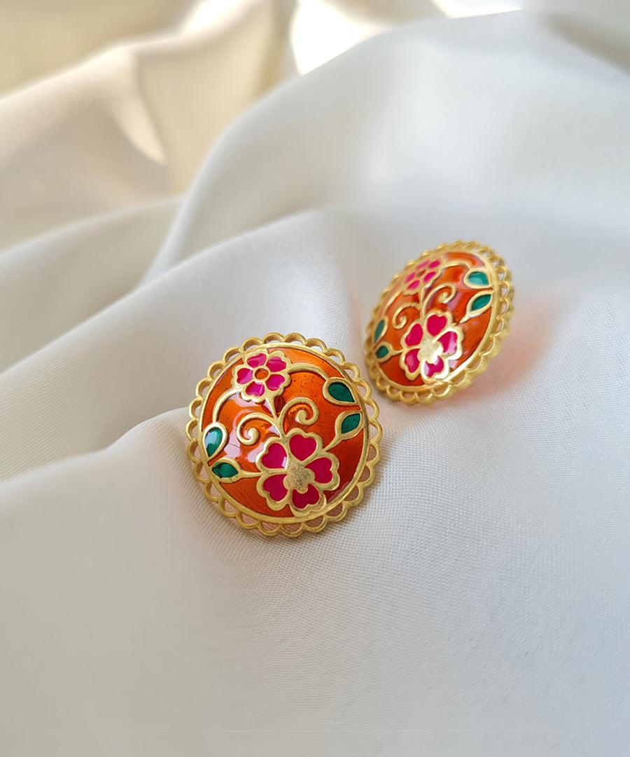 floral stud earrings in 925 sterling silver with intricate enamel detailing and timeless vintage craftsmanship.