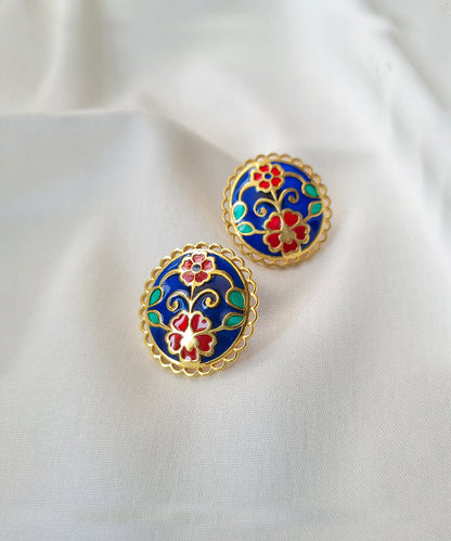 Pair of 925 silver stud earrings with floral designs enamel work with gold plating.