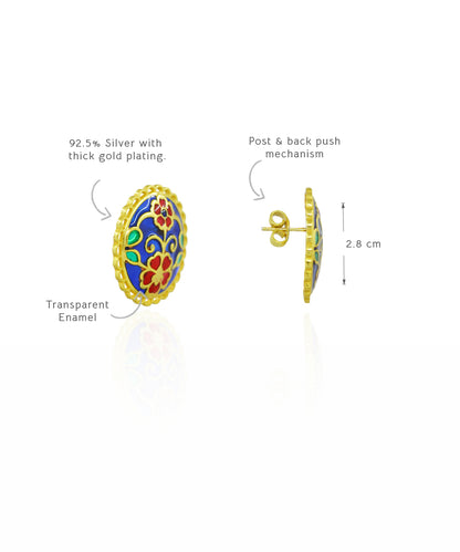 Luxury handcrafted stud earrings with vibrant navy blue Meenakari detailing.