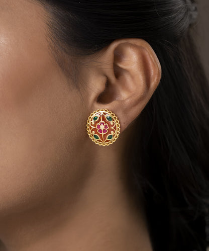 Classic Indian floral small stud earrings with vibrant enamel craftsmanship in 925 sterling silver.