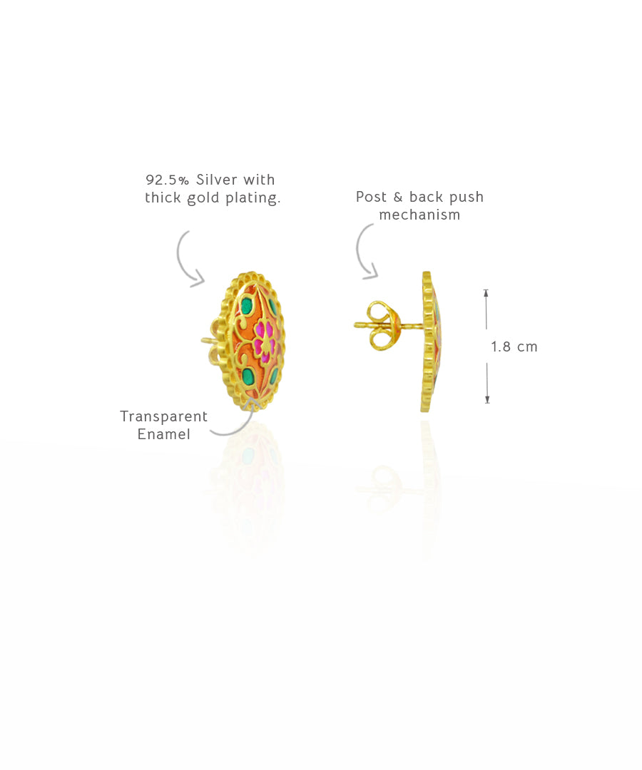 Meenakari stud earrings handcrafted in Jaipur with gold plating and vibrant floral motifs.