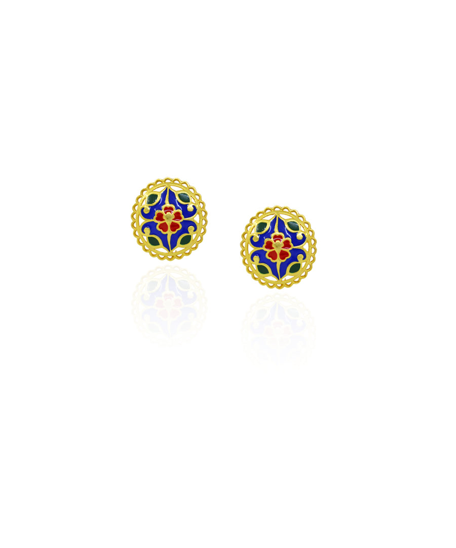 Floral Meenakari stud earrings handcrafted in Jaipur with vibrant enamel detailing.