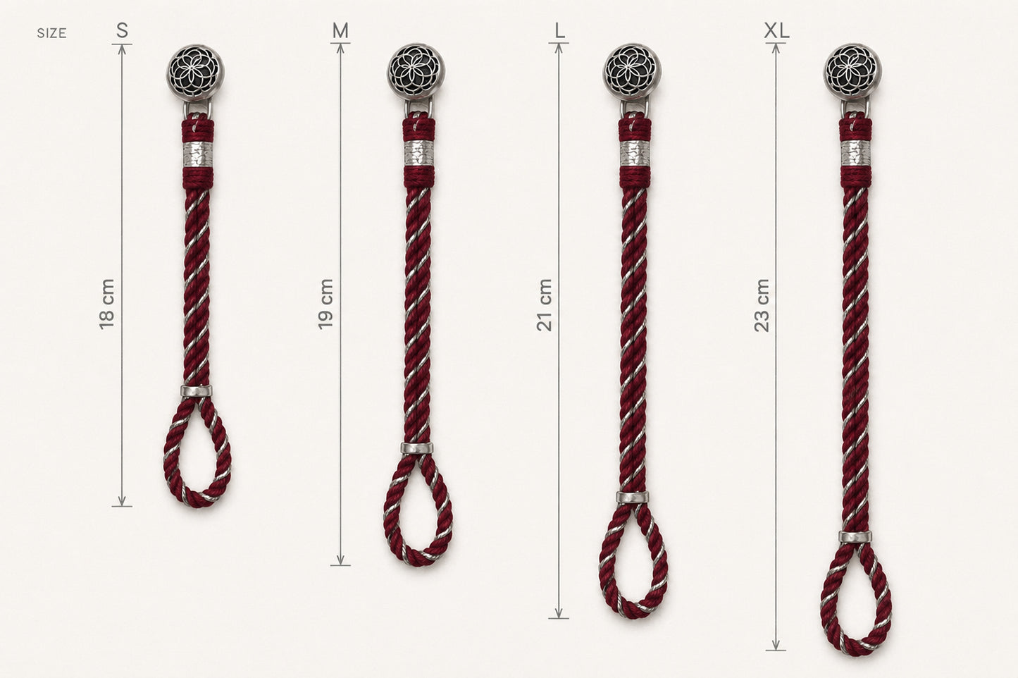 925 Silver handcrafted rakhi bracelets shown in size increments labeled S, M, L, and XL, with vertical measurement lines and cm measurements (18 cm, 19 cm, 21 cm, 23 cm). 