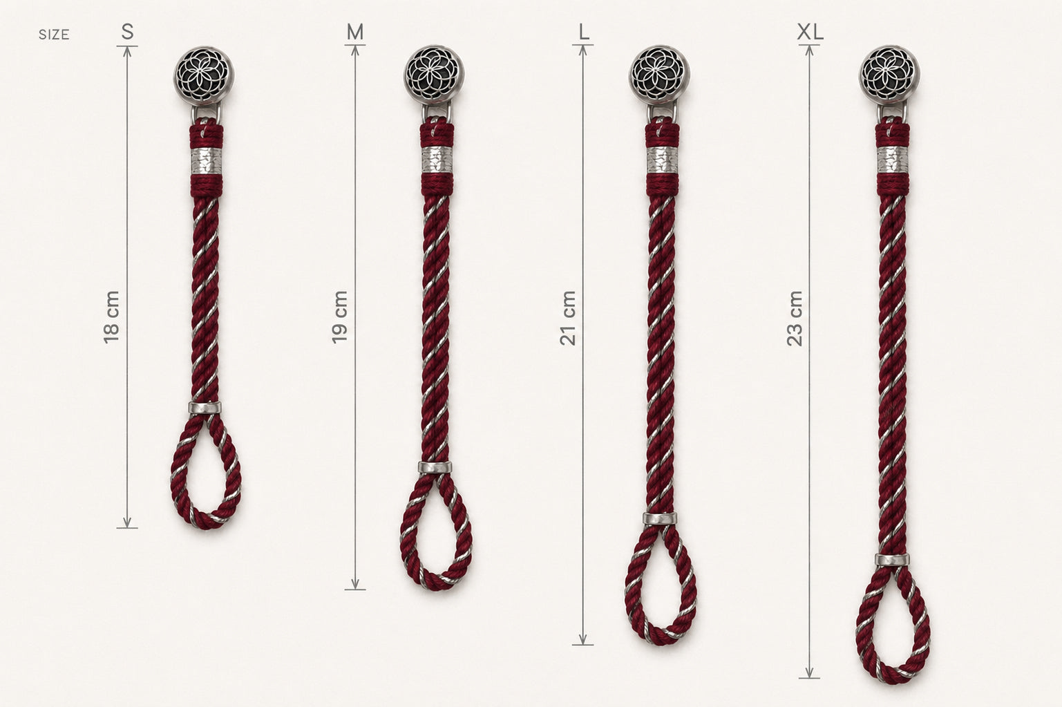 925 Silver handcrafted rakhi bracelets shown in size increments labeled S, M, L, and XL, with vertical measurement lines and cm measurements (18 cm, 19 cm, 21 cm, 23 cm). 