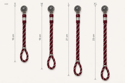 925 Silver handcrafted rakhi bracelets shown in size increments labeled S, M, L, and XL, with vertical measurement lines and cm measurements (18 cm, 19 cm, 21 cm, 23 cm). 