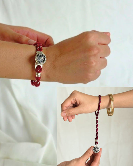 Handcrafted 925 silver Rakhi for Bhabhi with silk and zari dori