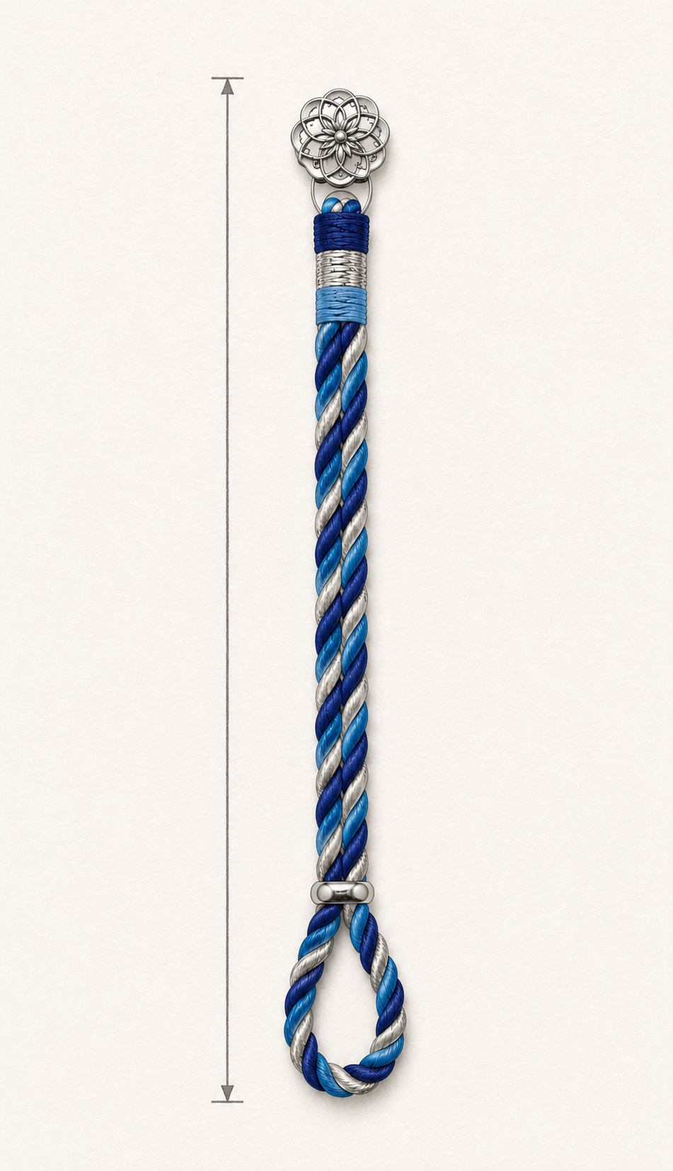 A blue, white, braided rakhi bracelet with a 925 silver floral motif finial on one end and a matching loop.