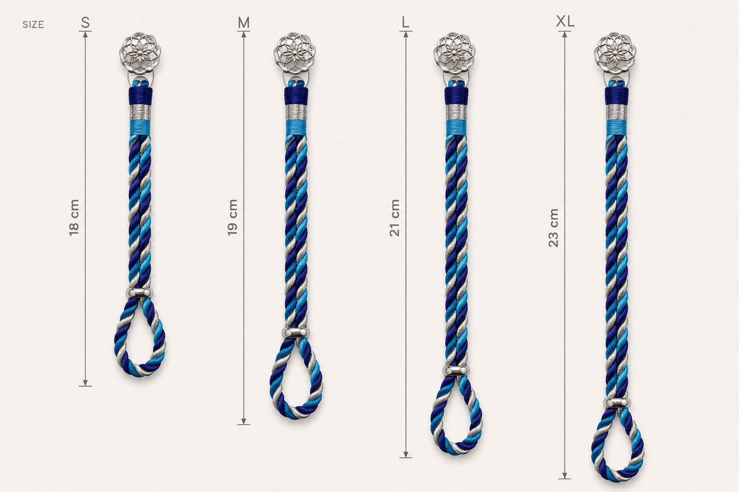 925 silver rakhi bracelets in sizes S, M, L, and XL shown vertically with measurements. The rakhi have silver-floral motif ends, blue and white silk zari threads.