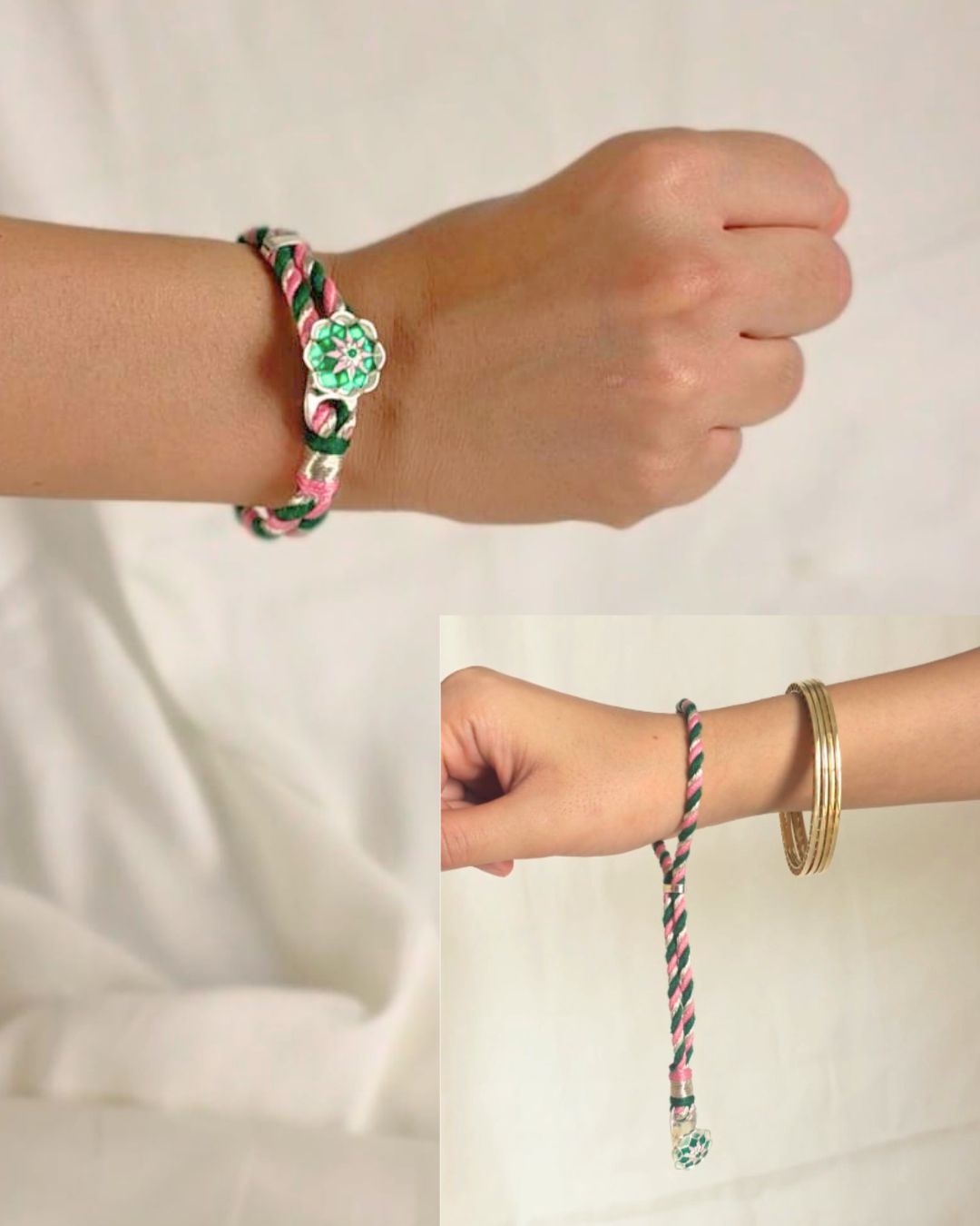 Handcrafted Rakhi for Bhabhi in 925 sterling silver for Raksha Bandhan.