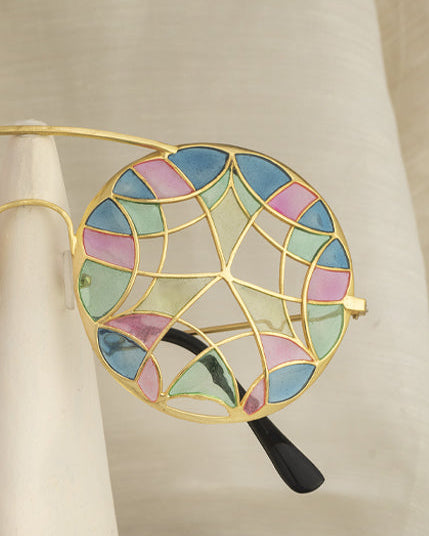 Gold-framed round sunglasses with colorful pastel mesh lenses in pink, blue, and green.
