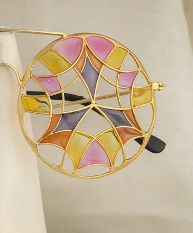 Falooda Barati Eye Wear — Kaleidoscope collection, Manner India, transparent Meenakari enamel pink purple orange yellow, thick gold finish, handcrafted Jaipur