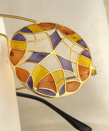 Tooty Fruity Barati Eye Wear — Kaleidoscope collection, Manner India, transparent Meenakari enamel orange purple yellow, thick gold finish, handcrafted Jaipur