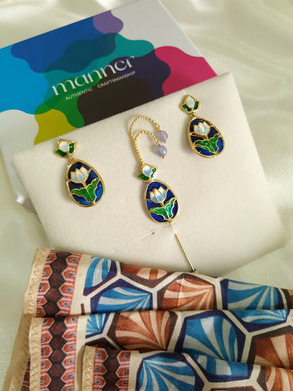 Lotus Lapel Pin & Lotus Earrings with Pocket Square - Gift Box for Him and Her - Sterling Silver